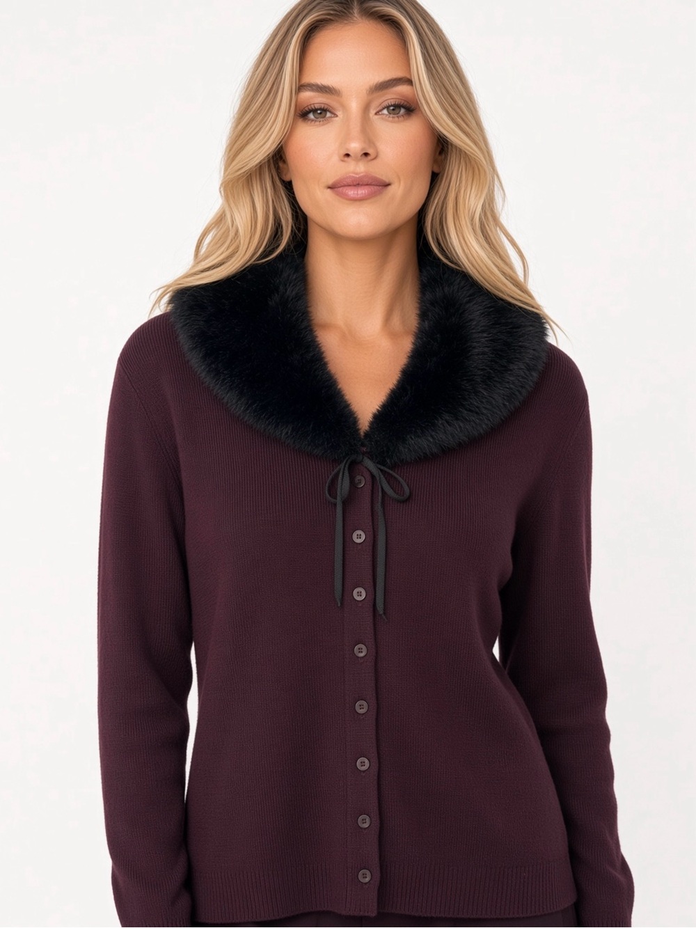 Marc New York Plush Faux-Fur Collar Button-Front Sweater Cardigan - Burgundy